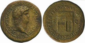 Nero (54-68), Sestertius, Rome, ca. AD 65; AE (g 30,25; mm 36; h 6); NERO CLAVD CAESAR AVG GER P M TR P IMP P P, laureate head r., Rv. PACE P R TERRA ...