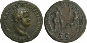 Nero (54-68), Sestertius, Lugdunum, ca. AD 65; AE (g 27,35; mm 35; h 6); NERO CLAVD CAESAR AVG GER P M TR P IMP P P, laureate head r., globe at point ...