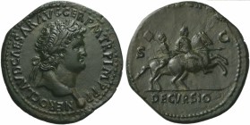 Nero (54-68), Sestertius, Lugdunum, ca. AD 65; AE (g 22, 08; mm 35; h 6); NERO CLAVD CAESAR AVG GER P M TR P IMP P P, laureate head r., globe at point...
