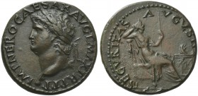 Nero (54-68), Dupondius, Lugdunum, ca. AD 66; AE (g 12,09; mm 27; h 6); IMP NERO CAESAR AVG P MAX TR P P P, laureat head l., with globe at point of bu...