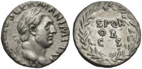 Vitellius (69), Denarius, Rome, April - December AD 69; ; A VITELLIVS GERMAN IMP TR P, laureate head r., Rv. S P Q R / OB / C S, in oak wreath. RIC 83...