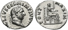 Vitellius (69), Denarius, Rome, April - December AD 69; AR (g 2,99; mm 18; h 5); A VITELLIVS GERM IMP AVG TR P, laureate head r., Rv. PONT - MAXIM, Ve...