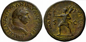 Vitellius (69), Sestertius, Rome, April - December AD 69; AE (g 25,72; mm 35; h 6); A VITELLIVS GERMAN IMP AVG P M TR P, laureate and draped bust r., ...