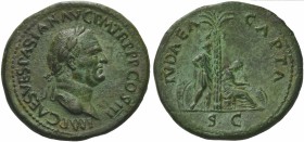 Vespasian (69-79), Sestertius, Rome, AD 71; AE (g 25,38; mm 35; h 7); IMP CAES VESPASIAN AVG P M TR P P P COS III, laureate head r., Rv. IVDAEA - CAPT...