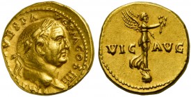 Vespasian (69-79), Aureus, Rome, AD 72-73; ; IMP CAES VESP A - VG P M COS IIII, laureate head r., Rv. VIC - AVG, Victory standing r. on globe and hold...