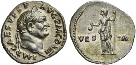 Vespasian (69-79), Denarius, Rome, AD 72-73; AR (g 3,59; mm 18; h 6); Laureate head r., Rv. Vesta standing l., holding long sceptre and simpulum. RIC ...