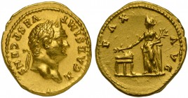 Titus, as Caesar, Aureus struck under Vespasian, Rome, AD 73; AV (g 7,27; mm 20; h 12); T CAES IMP - VESP CENS, laureate head r., Rv. PAX AVG, Pax sta...
