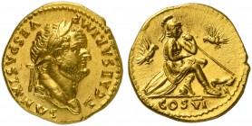Titus, as Caesar, Aureus struck under Vespasian, Rome, AD 77-78; AV (g 7,34; mm 18; h 6); T CAESAR IMP - VESPASIANVS, laureate head r., Rv, Roma seate...