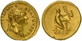 Domitian, as Caesar, Aureus struck under Vespasian, Rome, AD 77-78; AV (g 7,28; mm 18; h 6); CAESAR AVG F - DOMITIANVS, laureate head r., Rv. Captive ...