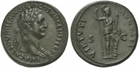 Domitian (81-96), As, Rome, AD 86; AE (g 10,92; mm 28; h 6); IMP CAES DOMIT AVG GERM COS XII CENS PER P P, laureate head r., wearing aegis, Rv. VIRTVT...