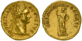 Domitian (81-96), Aureus, Rome, AD 92-94; AV (g 7,45; mm 18; h 6); DOMITIANVS - AVGVSTVS Laureate head r., Rv. GERMANICVS COS XVI Minerva standing l.,...