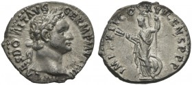 Domitian (81-96), Denarius, Rome, AD 92; AR (g 3,25; mm 18; h 6); IMP CAES DOMIT AVG - GERM P M TR P XI, laureate head r., Rv. IMP XXII COS XVI CENS P...