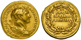 Trajan (98-117), Aureus, Rome, AD 103-111; AV (g 7,05; mm 18; h 7); IMP TRAIANO AVG GER - DAC PM TRP COS V P P, laureate, draped and cuirassed bust r....