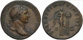Trajan (98-117), Sestertius, Rome, AD 103-111; AE (g 25,35; mm 34; h 6); IMP CAES NERVAE TRAIANO AVG GER DAC P M TR P COS V P P, laureate bust r., wea...