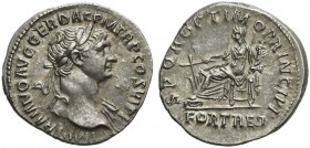 Trajan (98-117), Denarius, Rome, AD 112-114; AR (g 3,49; mm 19; h 7); IMP TRAIANO AVG GER DAC P M TR P COS VI P P, laureate head r., drapery on l. sho...
