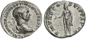 Trajan (98-117), Denarius, Rome, AD 114-117; AR (g 3,72; mm 19; h 6); IMP CAES NER TRAIANO OPTIMO AVG GER DAC, laureate, draped and cuirassed bust r.,...