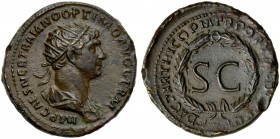 Trajan (98-117), As, Rome for Antioch, AD 115-116; AE (g 7,61; mm 24; h 7); IMP CAES NER TRAIANO OPTIMO AVG GERM, radiate and draped bust r., Rv. DAC ...