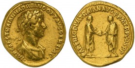 Hadrian (117-138), Aureus, Rome, AD 117; AV (g 7,11; mm 19; h 6); IMP CAES TRAIAN HADRIANO OPT AVG GER DAC, laureate, draped and cuirassed bust r., Rv...