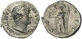 Hadrian (117-138), Denarius, Rome, AD 125-128; AR (g 3,13; mm 18; h 6); HADRIANVS - AVGVSTVS, laureate head r., Rv. COS III, Roma standing l. holding ...