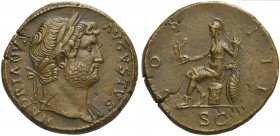 Hadrian (117-138), Sestertius, Rome, AD 125-128; AE (g 24,91; mm 33; h 6); HADRIANVS - AVGVSTVS, laureate bust r., drapery on l. shoulder, Rv. COS - I...