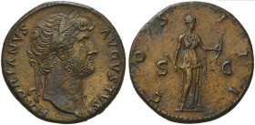 Hadrian (117-138), Sestertius, Rome, AD 125-128; AE (g 27,56; mm 32; h 6); HADRIANVS - AVGVSTVS, laureate bust r., drapery on l. shoulder, Rv. COS - I...