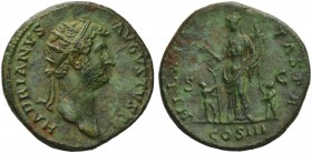 Hadrian (117-138), Dupondius, Rome, AD 125-128; AE (g 11,44; mm 26; h 6); HADRIANVS - AVGVSTVS P P, radiate head r., Rv. HILA - RI - TAS P R, Hilarita...