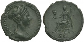 Sabina, As struck under Hadrian, Rome, AD 128-134; AE (g 7,38; mm 27; h 5); SABINA AVGVSTA - HADRIANI AVG P P, diademed and draped bust r., Rv. Vesta ...