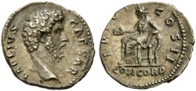 Aelius Caesar, Denarius struck under Hadrian, Rome, AD 137; AR (g 3,33; mm 18; h 6); L AELIVS - CAESAR, bare head r., Rv. TR POT - COS II, Concordia s...