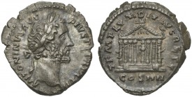 Antoninus Pius (138-161), Denarius, Rome, AD 158-159; AR (g 3,52; mm 18; h 12); ANTONINVS AVG - PIVS P P TR P XXII, laureate head r., Rv. TEMPLVM DIV ...