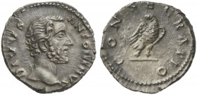 Divus Antoninus Pius, Denarius struck under Marcus Aurelius, Rome, after AD 161; AR (g 3,02; mm 18; h 12); DIVVS - ANTONINVS, bare head r., Rv. CONSEC...