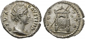 Diva Faustina Maior, Denarius struck under Antoninus Pius, Rome, after AD 141; AR (g 3,30; mm 19; h 6); DIVA FAV - STINA, draped bust r., hair coiled ...