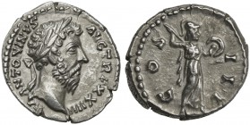 Marcus Aurelius (161-180), Denarius, Rome, AD 169-170; AR (g 3,50; mm 19; h 12); M ANTONINVS - AVG TR P XXIIII, laureate head r., Rv. COS - III, Miner...