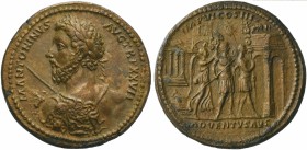 Marcus Aurelius (161-180), Medallion, Rome, AD 173; AE (g 41,21; mm 39; h 12); M ANTONINVS - AVG TR P XXVII, laureate bust l., seen from behind, holdi...