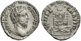 Divus Marcus Aurelius, Denarius struck under Commodus, Rome, after AD 180; AR (g 3,54; mm 18; h 12); DIVVS M ANT - ONINVS PIVS, bare head r., Rv. CONS...