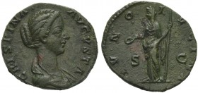 Crispina, As struck under Commodus, Rome, AD 178-192; AE (g 8,01; mm 22; h 11); CRISPINA - AVGVSTA, draped bust r., hair knotted behind, Rv. IVNO - L ...