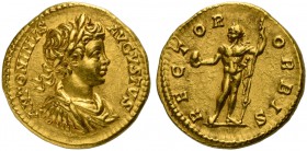 Caracalla (198-217), Aureus, Rome, AD 199-200; AV (g 7,25; mm 19; h 12); ANTONINVS - AVGVSTVS, laureate, draped and cuirassed bust r., Rv. RECTOR ORBI...