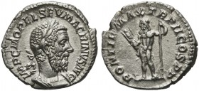 Macrinus (217-218), Denarius, Rome, AD 217; AR (g 3,23; mm 20; h 12); IMP C M OPEL SEV MACRINVS AVG, laureate and cuirassed bust r., Rv. PONTIF MAX TR...
