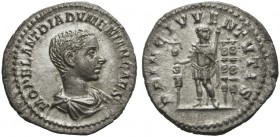 Diadumenian, as Caesar, Denarius struck under Macrinus, Denarius, Rome, AD 217; AR (g 2,72; mm 20; h 12); M OPEL ANT DIADVMENIAN CAES, draped bust r.,...