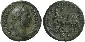 Severus Alexander (222-235), As, Rome, AD 229; AE (g 10,77; mm 25; h 12); IMP SEV ALE - XANDER AVG, laureate bust r., drapery on l. shoulder, Rv. P M ...
