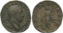 Severus Alexander (222-235), Sestertius, Rome, AD 232; AE (g 19,35; mm 29; h 12); IMP ALEXANDER PIVS AVG, laureate bust r., drapery on l. shoulder, Rv...