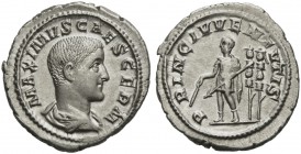 Maximus Caesar, Denarius struck under Maximinus I, Rome, AD 236-238; AR (g 3,16; mm 20; h 6); MAXIMVS CAES GERM, draped and cuirassed bust r., Rv. PRI...