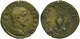 Maximus Caesar, Dupondius struck under Maximinus I, Rome, AD 236-238; AE (g 12,27; mm 29; h 12); MAXIMVS CAES GERM, bare headed and draped bust to r.,...