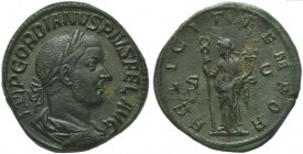 Gordian III (238-244), Sestertius, Rome, AD 244; AE (g 17,44; mm 29; h 11); IMP GORDIANVS PIVS FEL AVG, Laureate, draped and cuirassed bust r., Rv. FE...