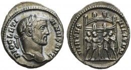 Diocletian (284-305), Argenteus, Rome, ca. AD 294; AR (g 3,52; mm 18; h 12); DIOCLETI - ANVS AVG, laureate head r., Rv. VIRTVS – MILITVM, Tetrarchs sa...
