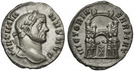 Maximianus Herculius (286-310), Argenteus, Rome, ca. AD 294; AR (g 2,39; mm 18; h 12); MAXIMIA - NVS AVG, laureate head r., Rv. VICTORIA - SARMAT, Tet...