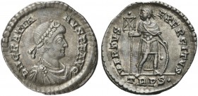 Gratian (367-383), Light Miliarense, Treveri, AD 367-375; AR (g 4,32; mm 25; h 12); D N GRATIA - NVS P F AVG, diademed, draped and cuirassed bust r., ...