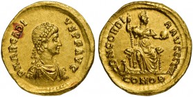 Arcadius (383-408), Solidus, Constantinopolis, AD 383; AV (g 4,54; mm 20; h 6); D N ARCADI - VS P F AVG, diademed, draped and cuirassed bust r., Rv. C...