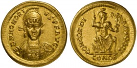 Honorius (393-423), Solidus, Constantinopolis, AD 397-402; AV (g 4,44; mm 20; h 6); D N HONORI - VS P F AVG, diademed, draped and cuirassed bust facin...