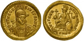 Theodosius II (408-450), Solidus, Constantinopolis, AD 430-440; AV (g 4,54; mm 20; h 6); D N THEODO - SIVS P F AVG, diademed, draped and cuirassed bus...