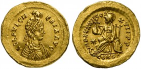 Aelia Pulcheria, Solidus struck under Theodosius II, Constantinopolis, AD 441-450; AV (g 4,38; mm 21; h 12); AEL PVLCH - ERIA AVG, pearl-diademed and ...